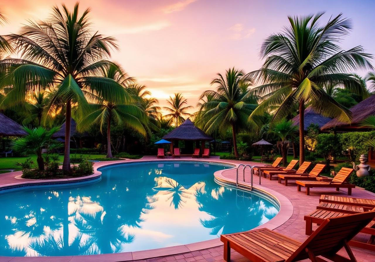 Piscina da pousada ao entardecer